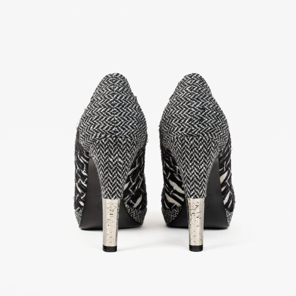 Chanel G27462 Wool Tweed Lace Up Silver Heel Booties - Picture 3 of 13